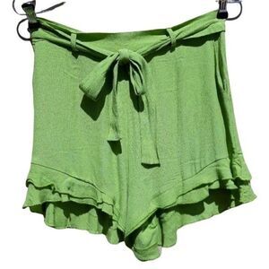 June & Hudson Shorts High Waisted Paperbag Tie Waist Cheeky Ruffle Hem Lime Sz S